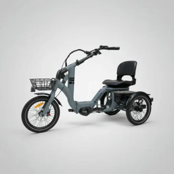 Vista laterale del triciclo per adulti Etnnic Mova di colore grigio con cesto anteriore e schienale imbottito