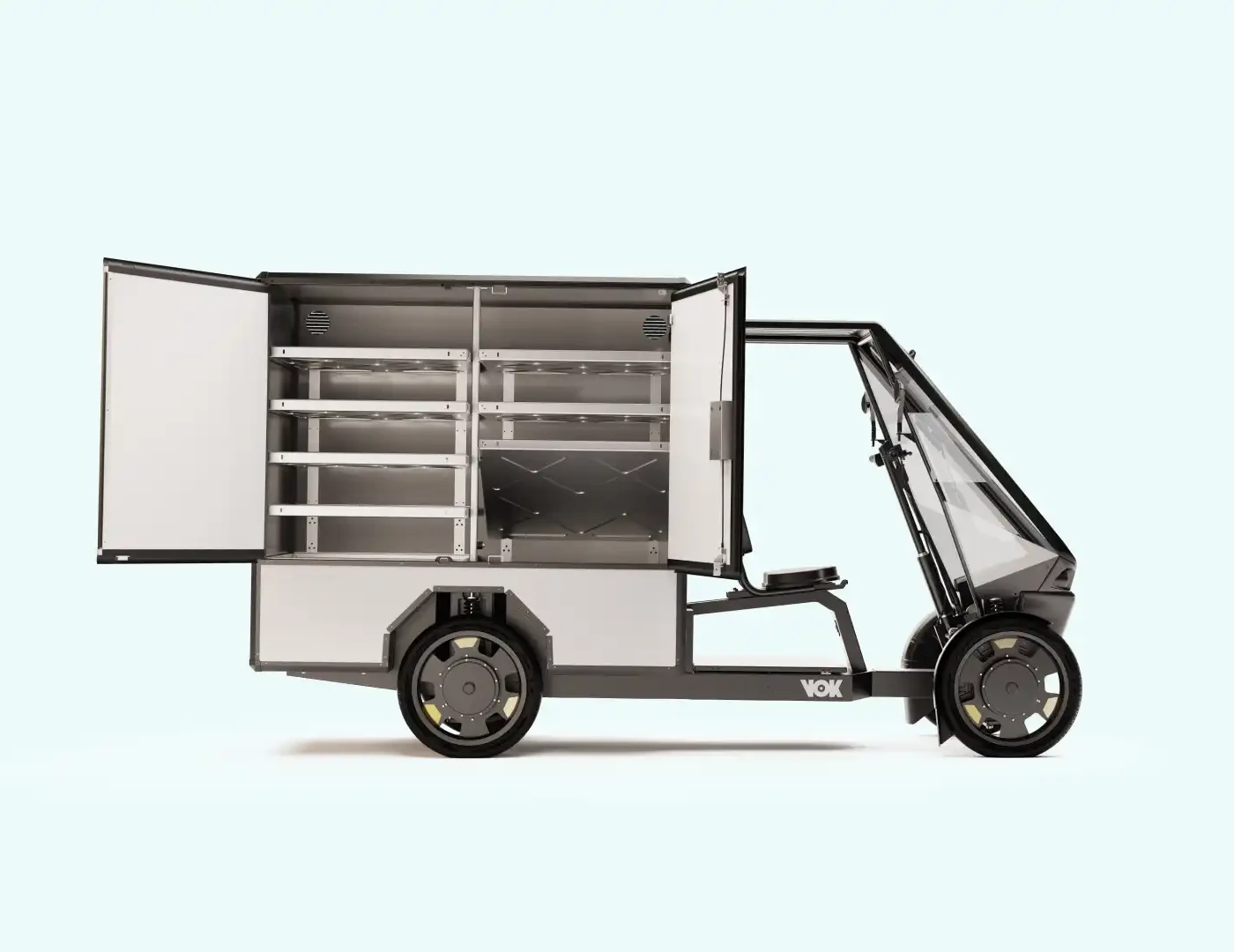 Interno del vano di carico da 2 metri cubi della cargo bike Vok XL con scaffalature